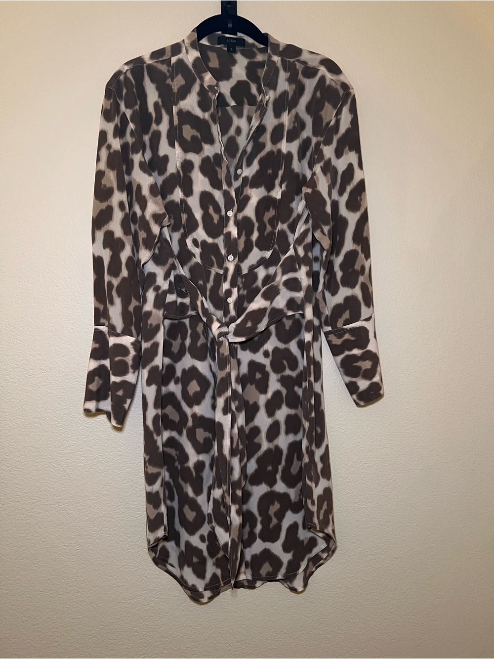 Leopard Print Button-Front Shirt Dress in Taupe and Ivory 100% Silk size 8